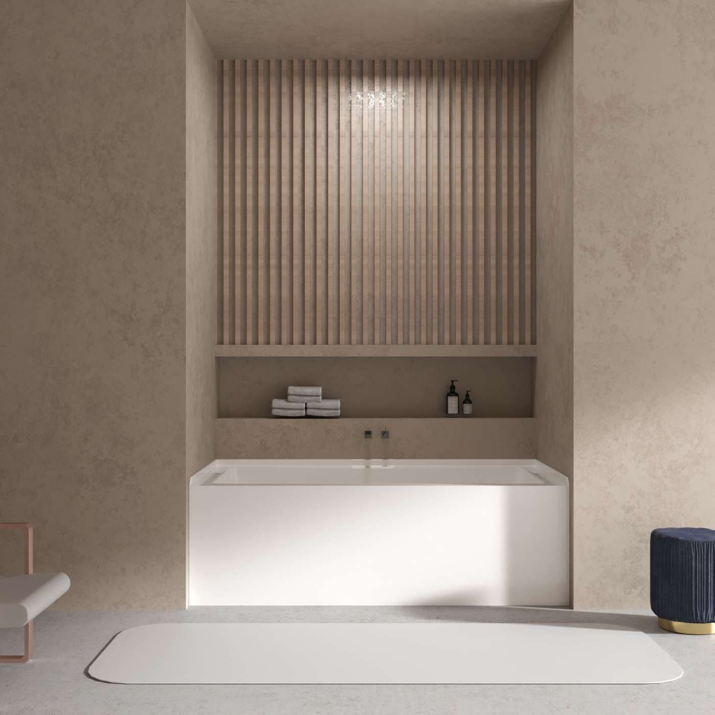 A modern, beige bathroom with a white Alcove Acrylic Bathtub.