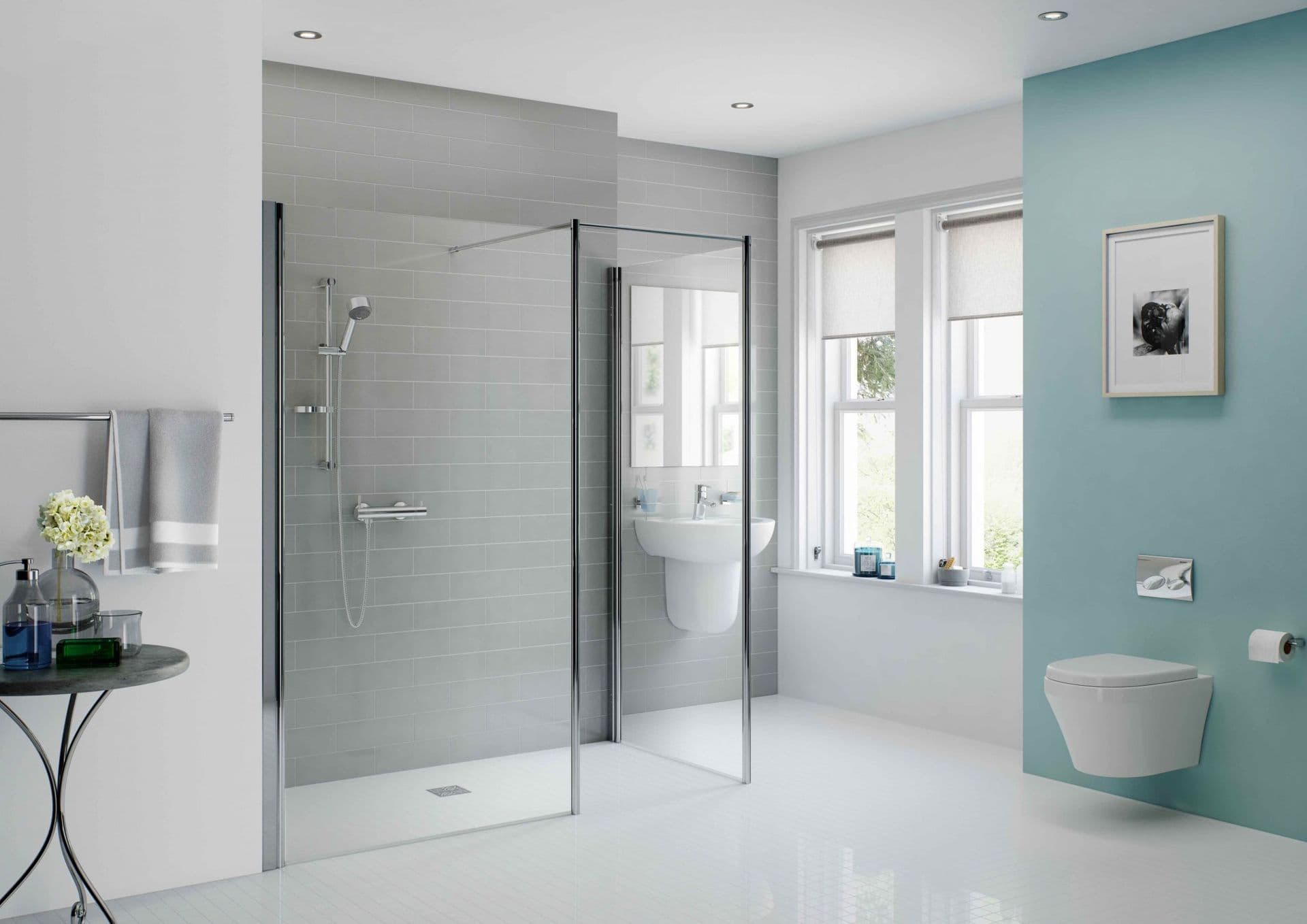 A newly-remodeled bathroom with a walk-in shower.