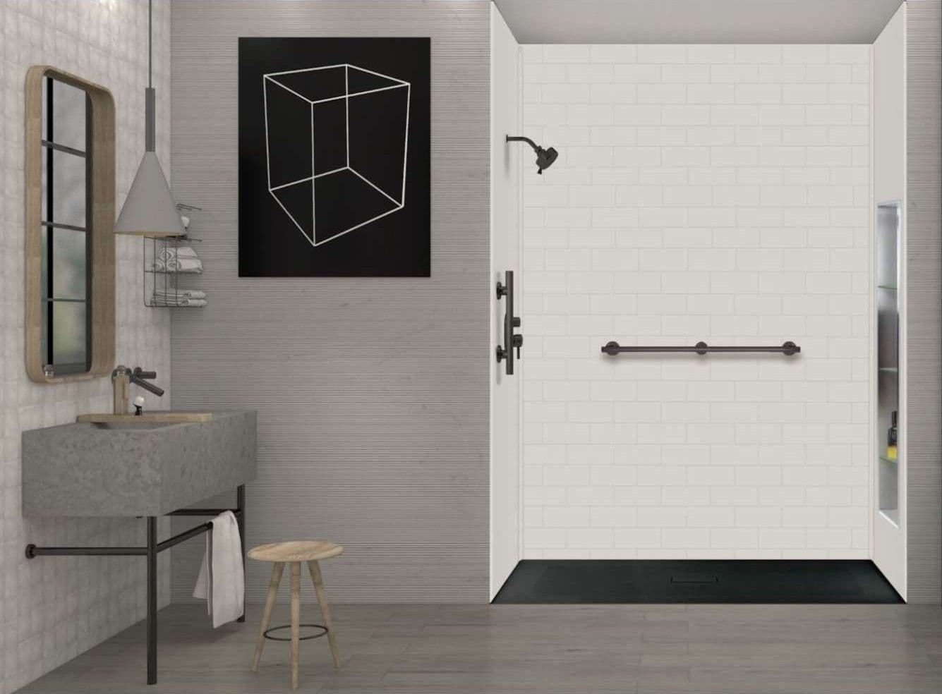 A newly-remodeled bathroom with walk-in shower with black fixtures, grab bar, and a soaking bathtub to the right.