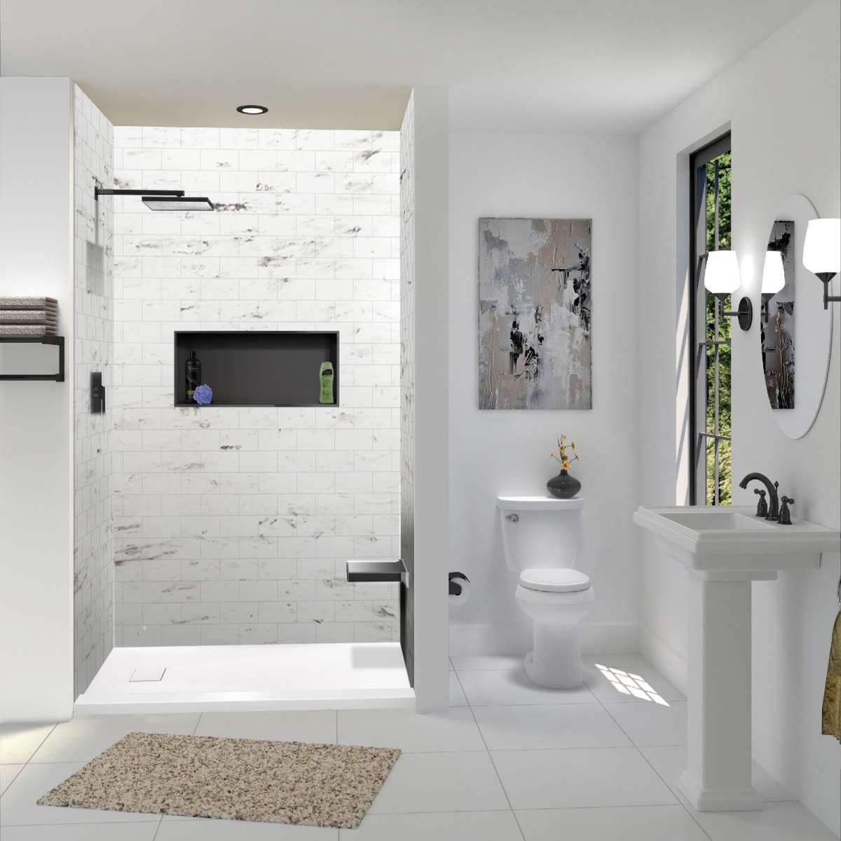 A walk-in shower with a shelf and a seat.