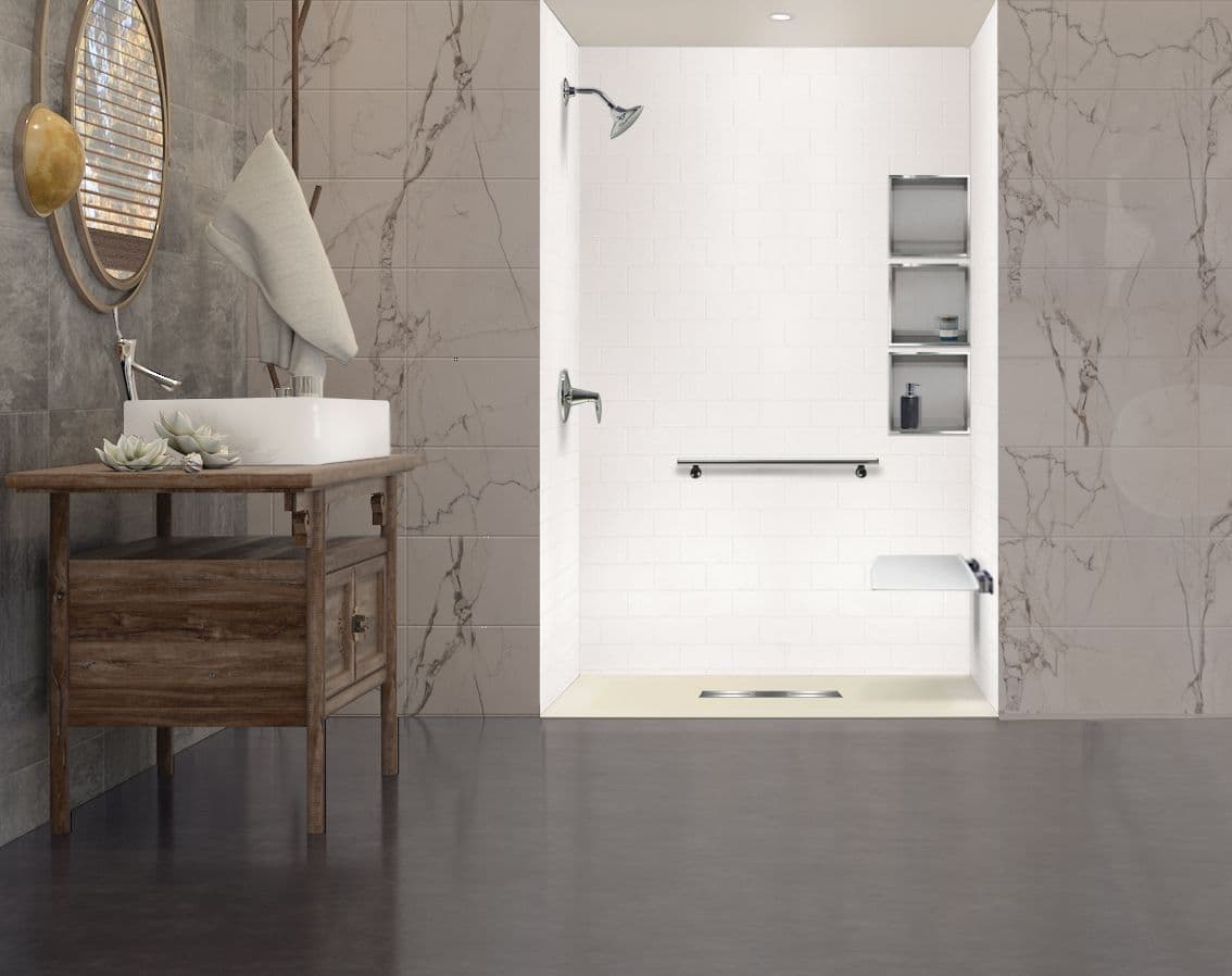 A newly-remodeled bathroom with a walk-in shower.