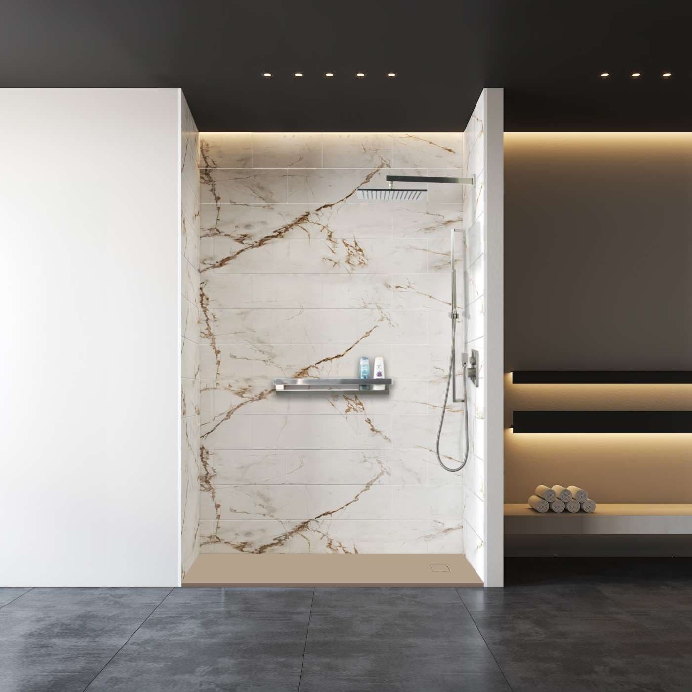 A Zero Threshold Tub Replacement Shower Base with Awaken Gold Tile Pattern shower walls.